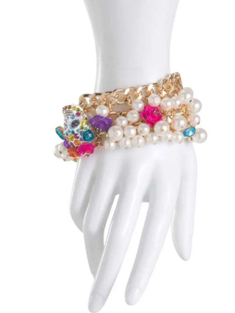 NWT Betsey Johnson Gold Tone Pearl Sugar Skull / Day Of The Dead Toggle Bracelet